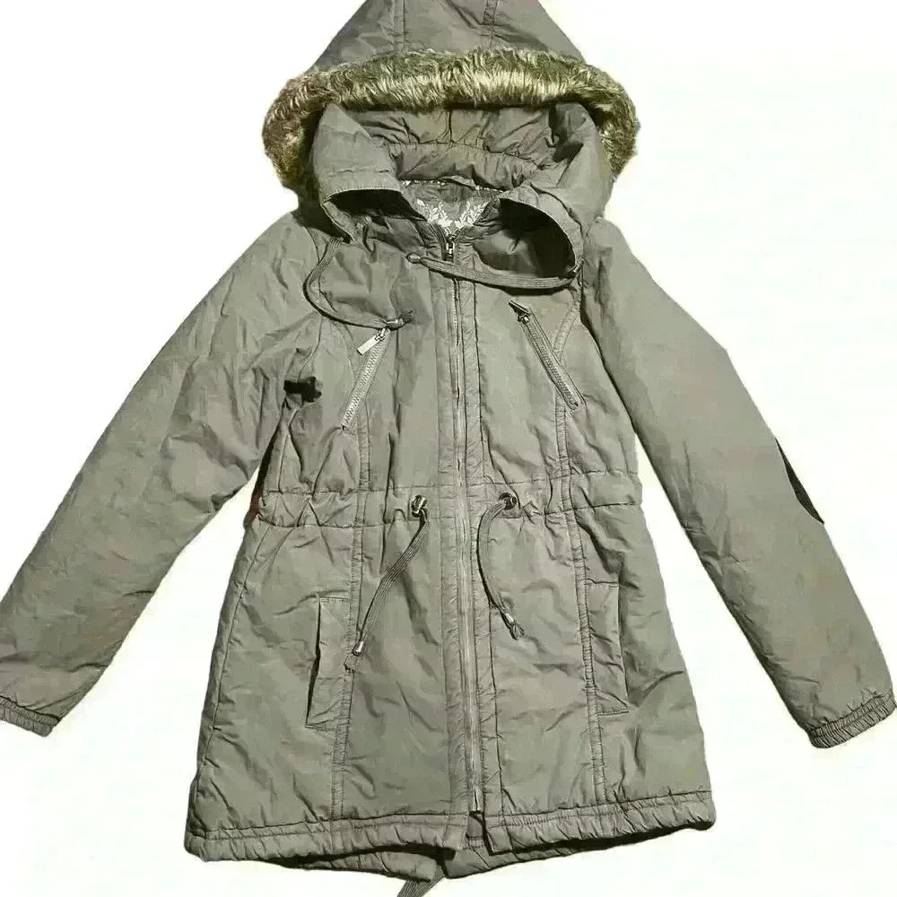 Outback Red Gray Insulated Puffer Jacket Size 34 (Small) Hooded Faux Fur Trim
